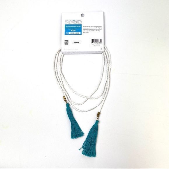 White seed bead with aqua tassel wrap necklace - Picture 15 of 15